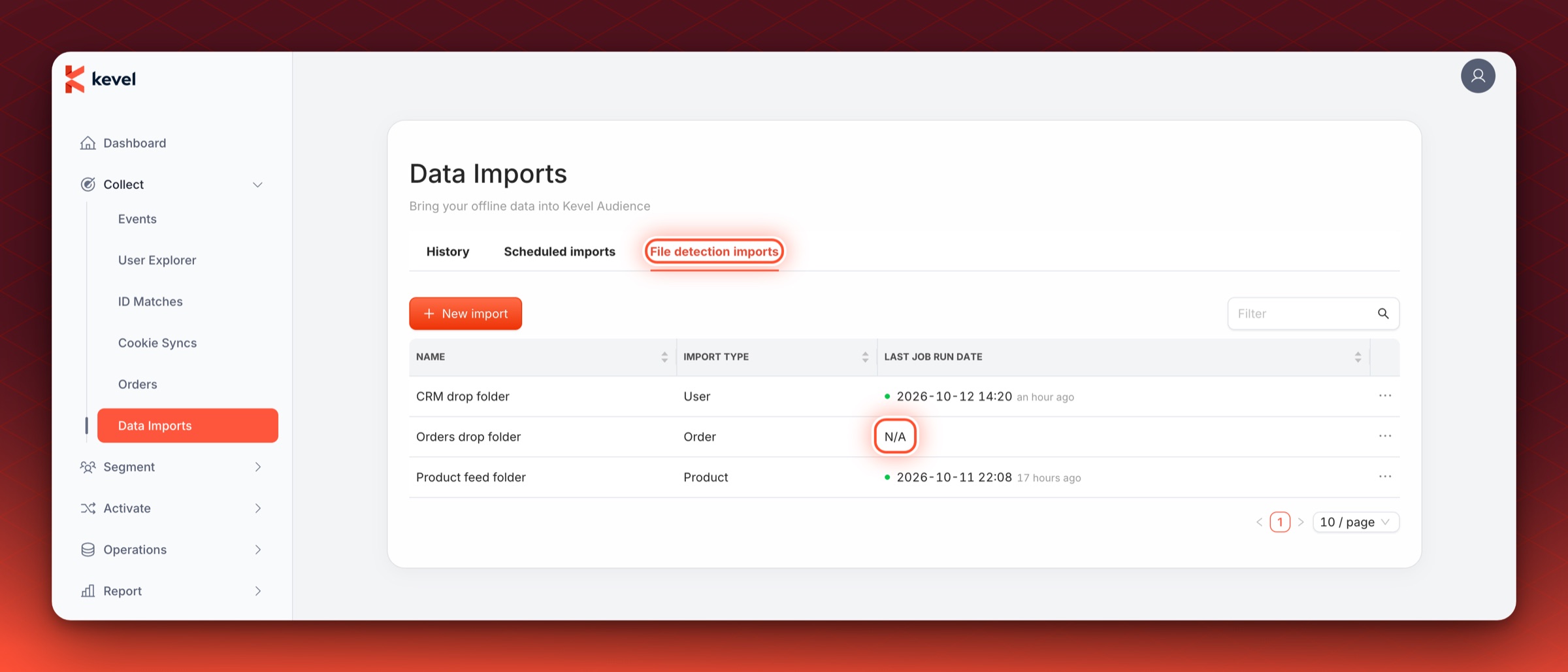 The File detection imports tab with the tab circled and N/A circled in the last job run date of an import that has not run yet