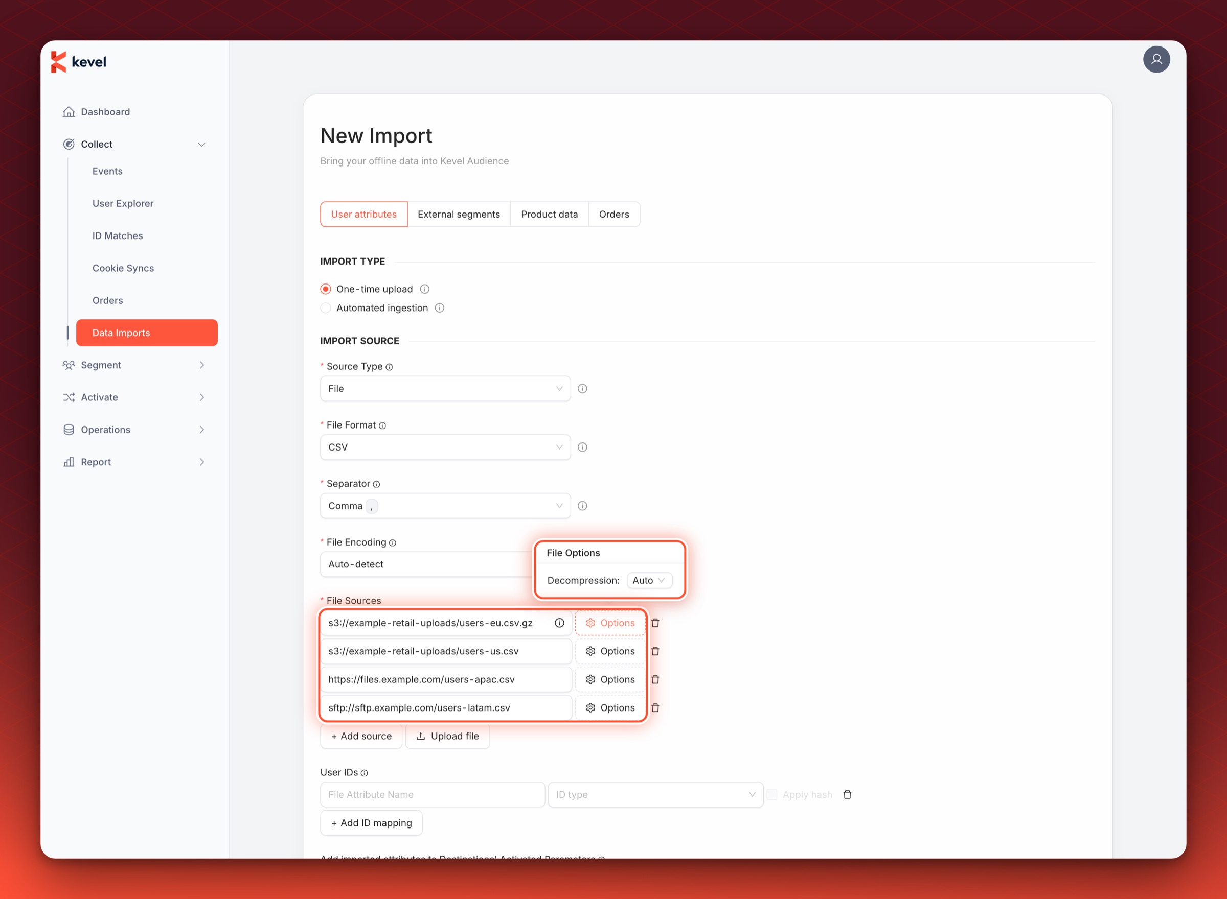 The File Sources field with four sources and the Decompression setting of the first source circled in its Options popover