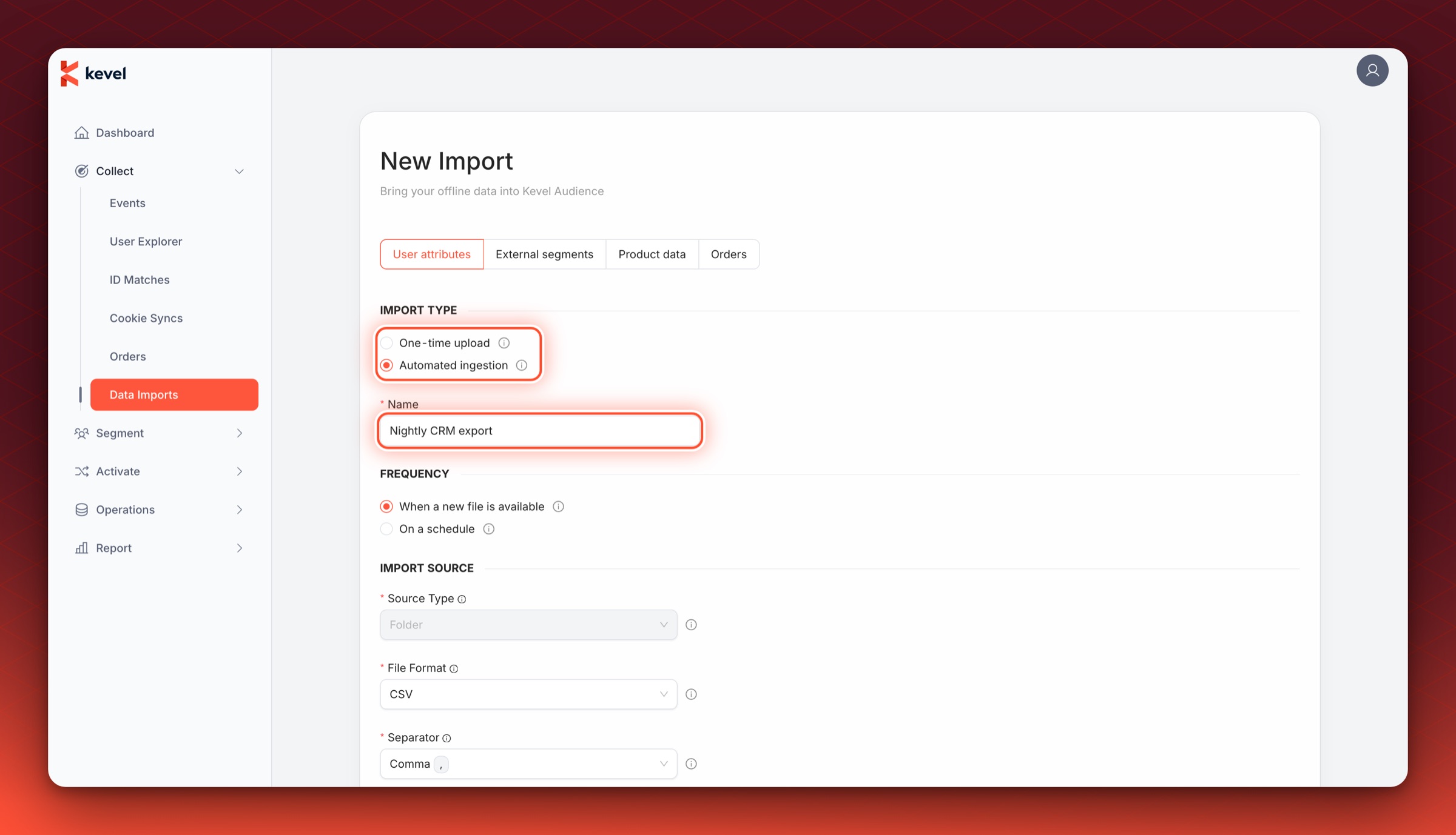 The Import Type options with Automated ingestion selected and the Name field circled