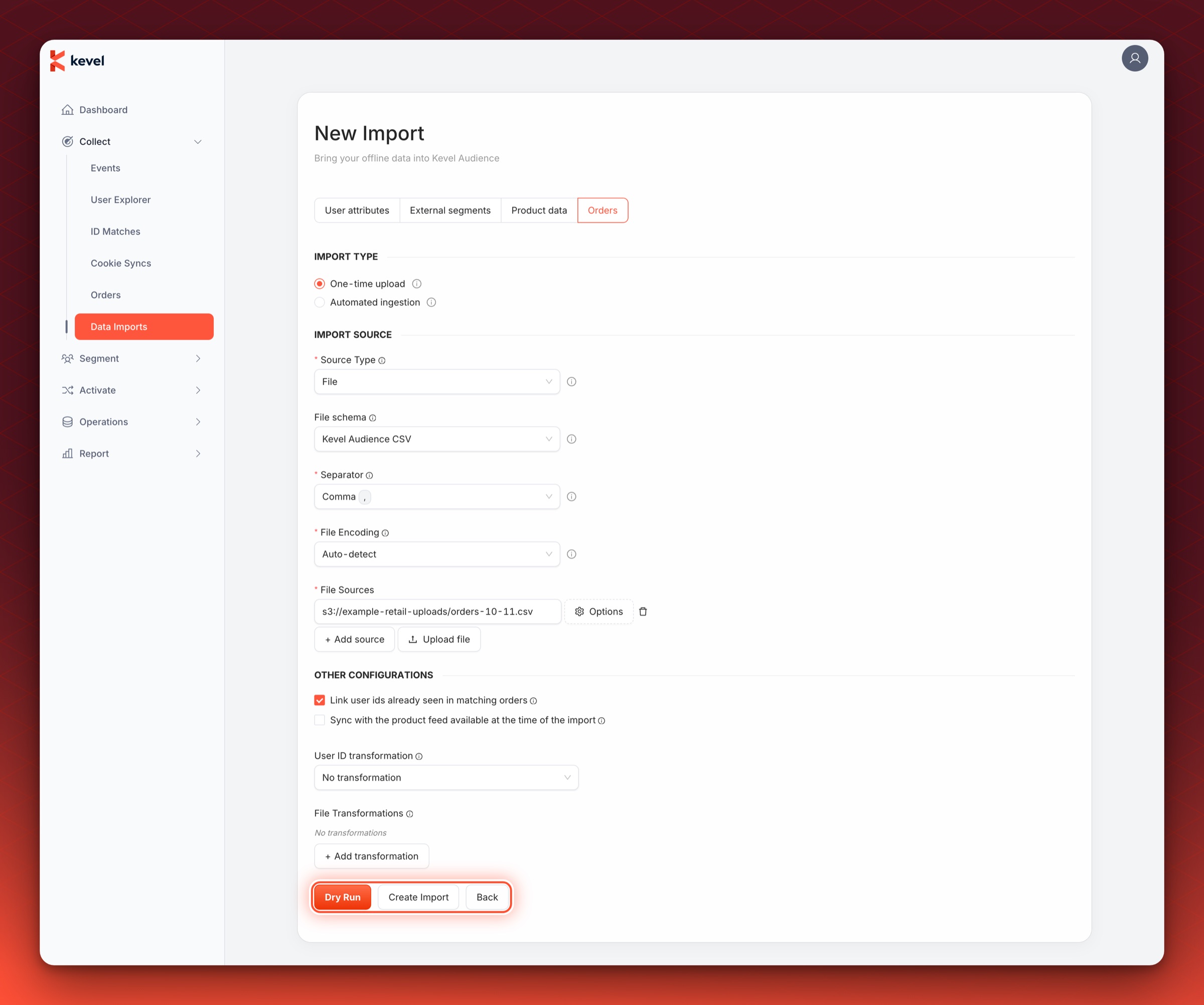 The Dry Run, Create Import and Back buttons at the bottom of the New Import form circled