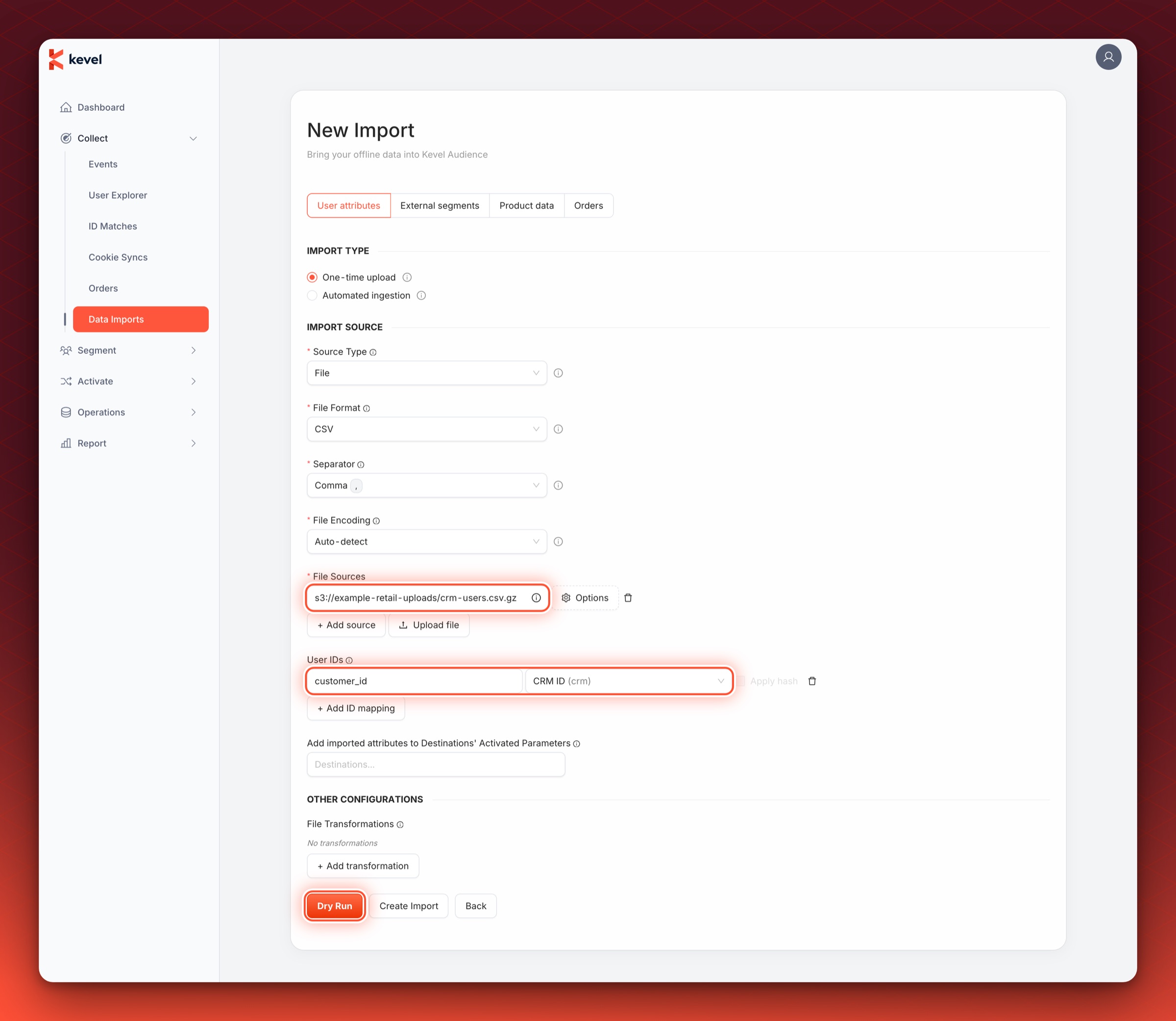 The New Import form for a user import with the file source, the User IDs mapping and the Dry Run button circled