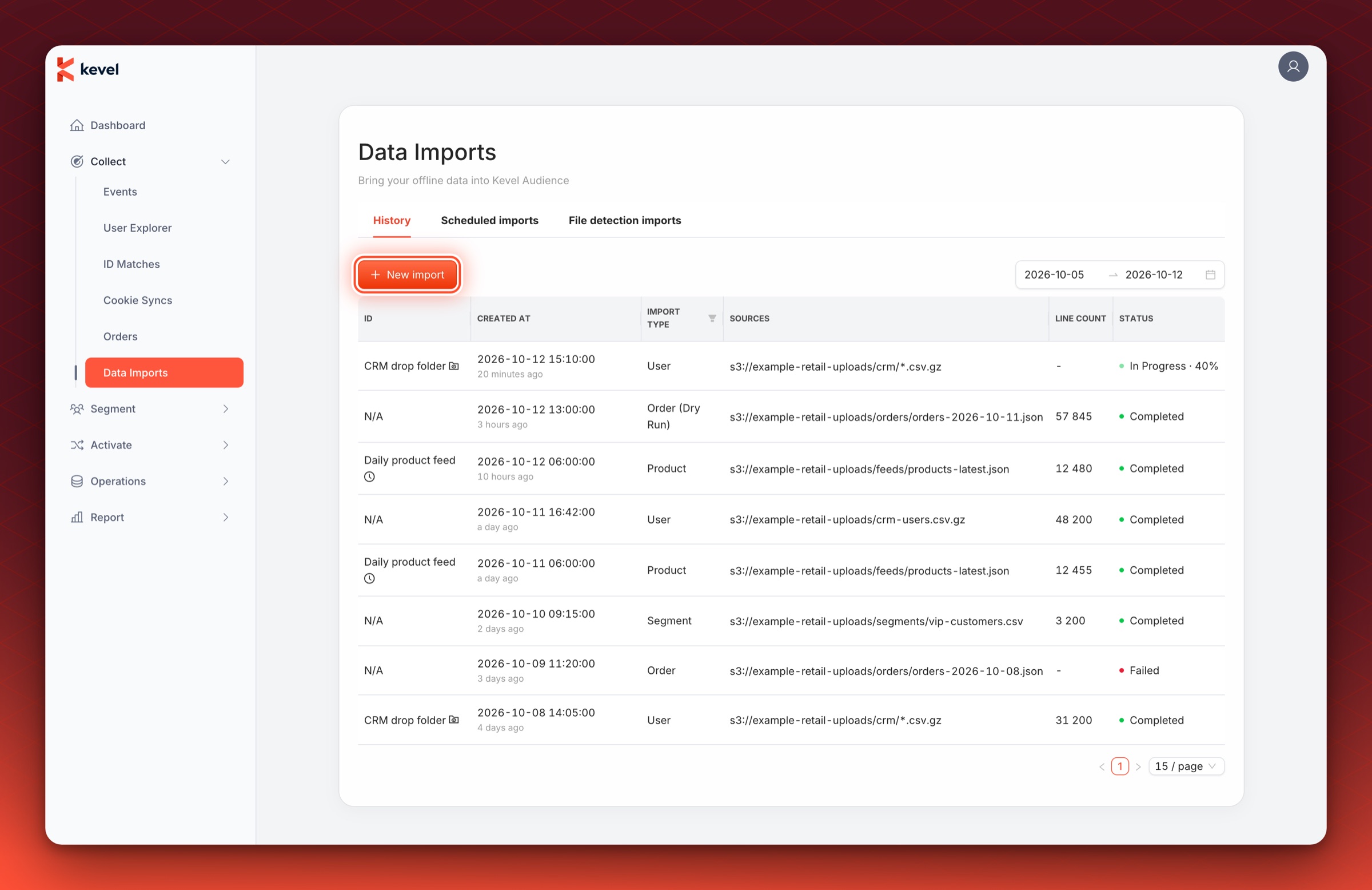The History tab of Data Imports with the New import button circled