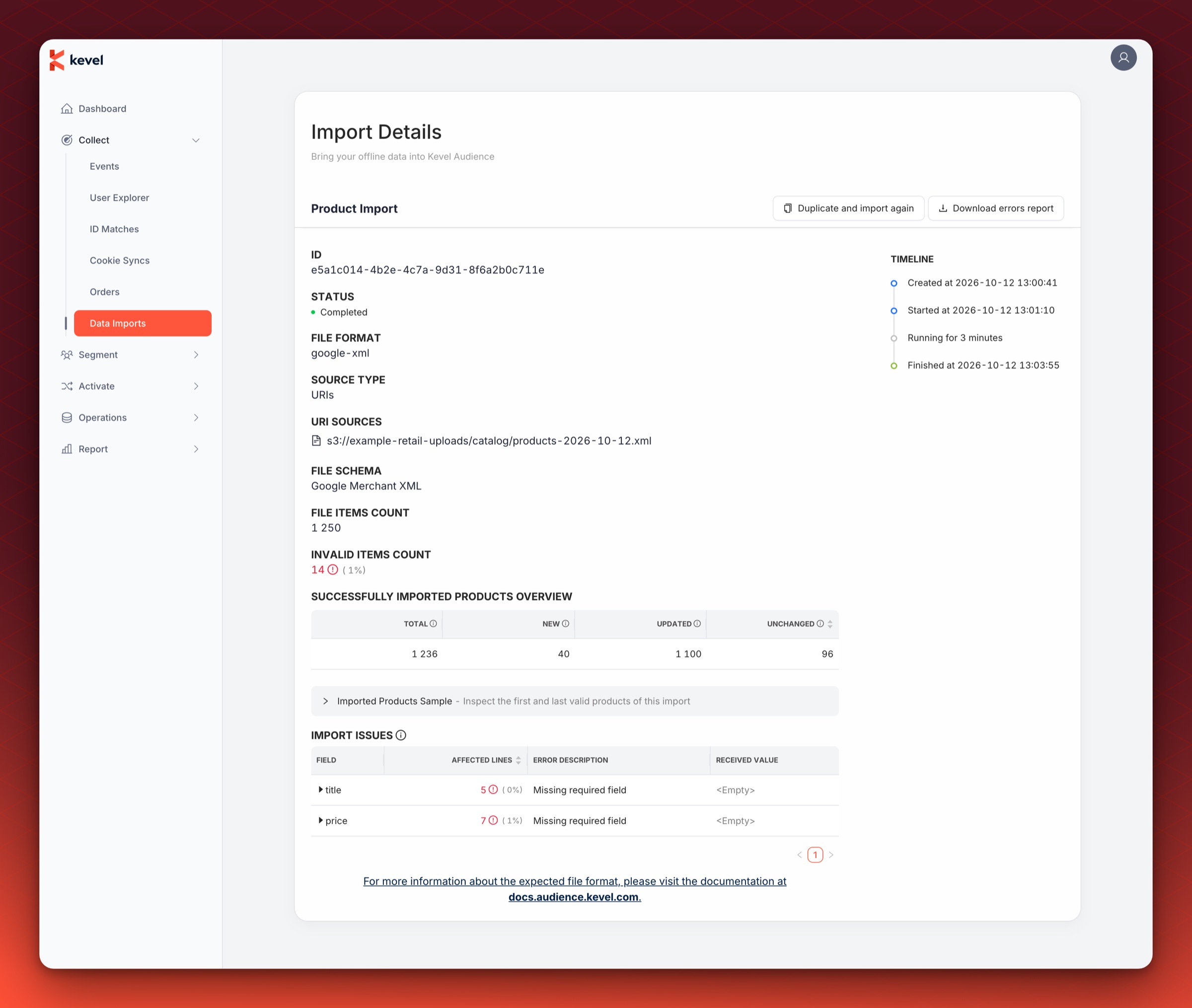 The Import Details page of a completed product import, showing the configuration and status, the products overview, the products sample and the import issues