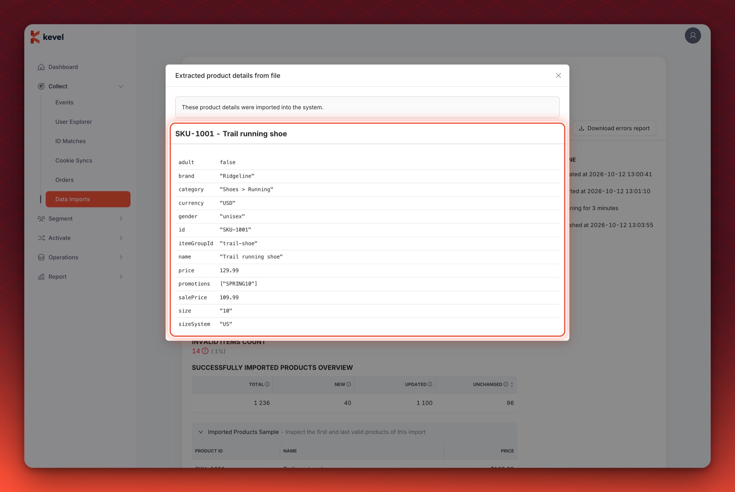 The detailed overview of one product from the sample, with the product name and its fields circled