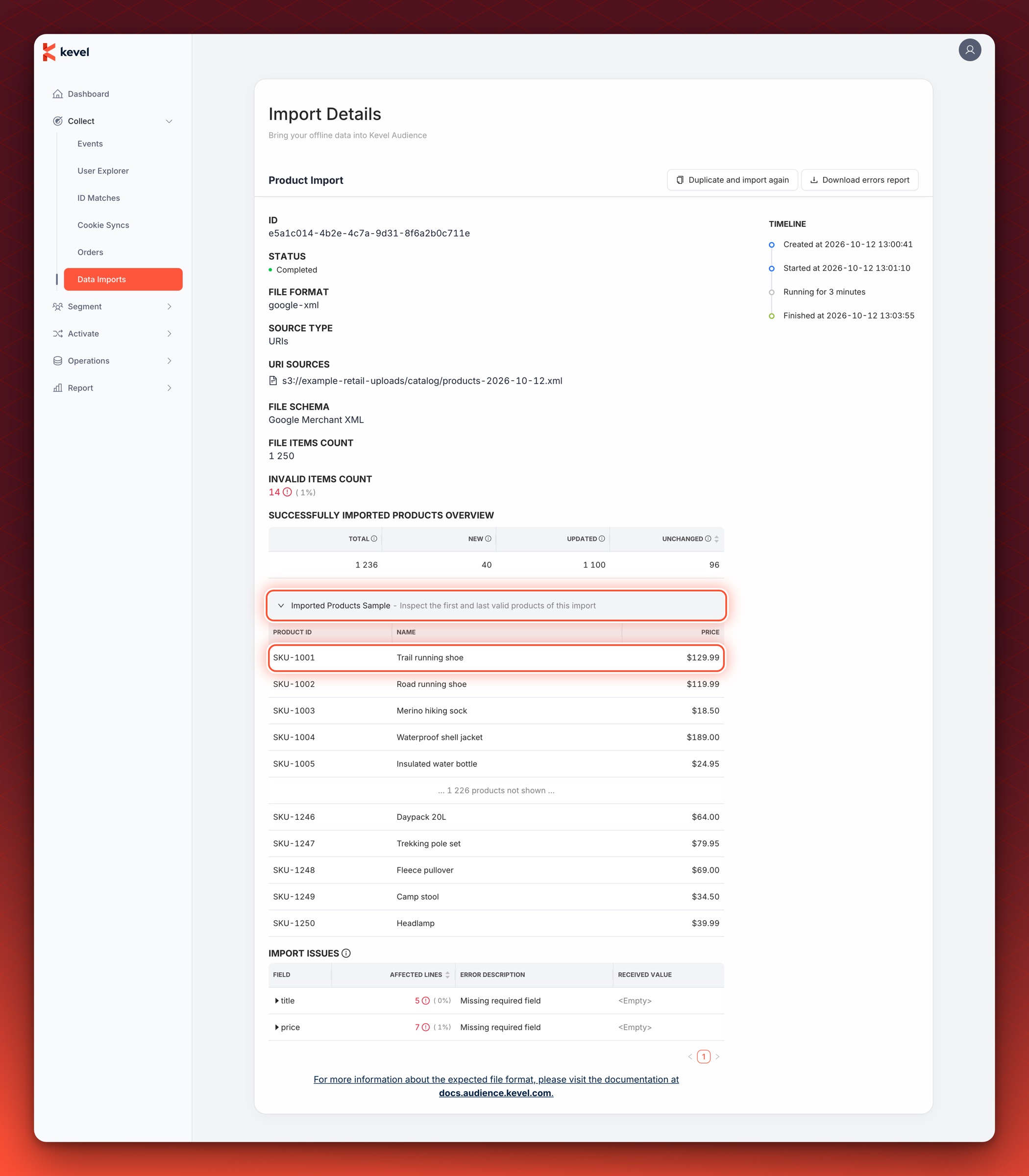 The products sample expanded on the Import Details page with its header and the first product row circled