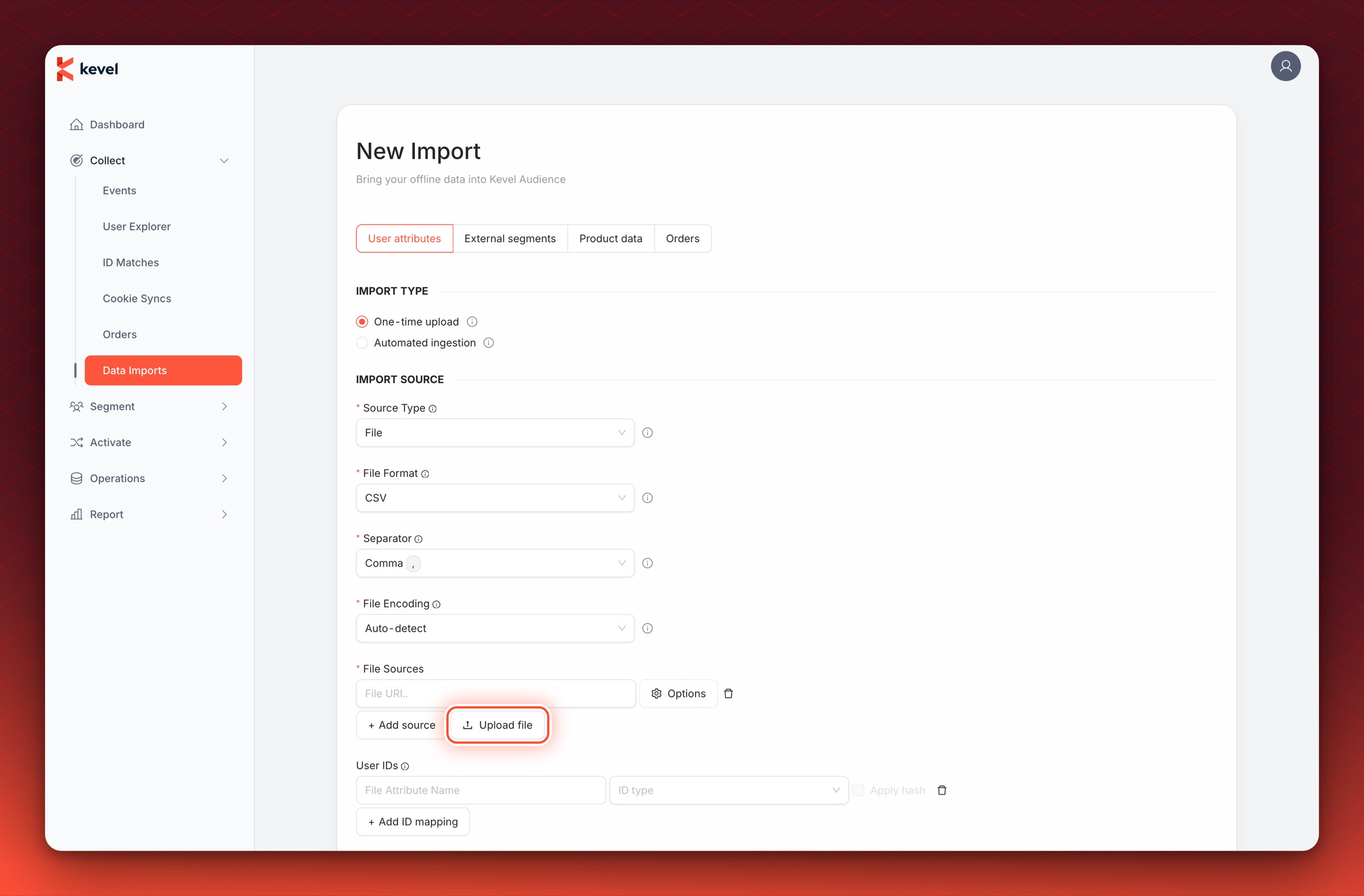 The New Import form with the Upload file button circled