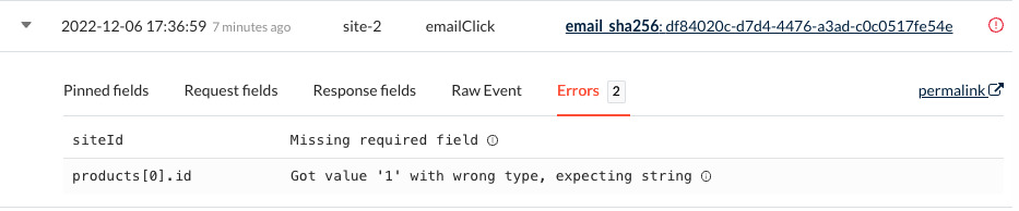 Dashboard latest events error
