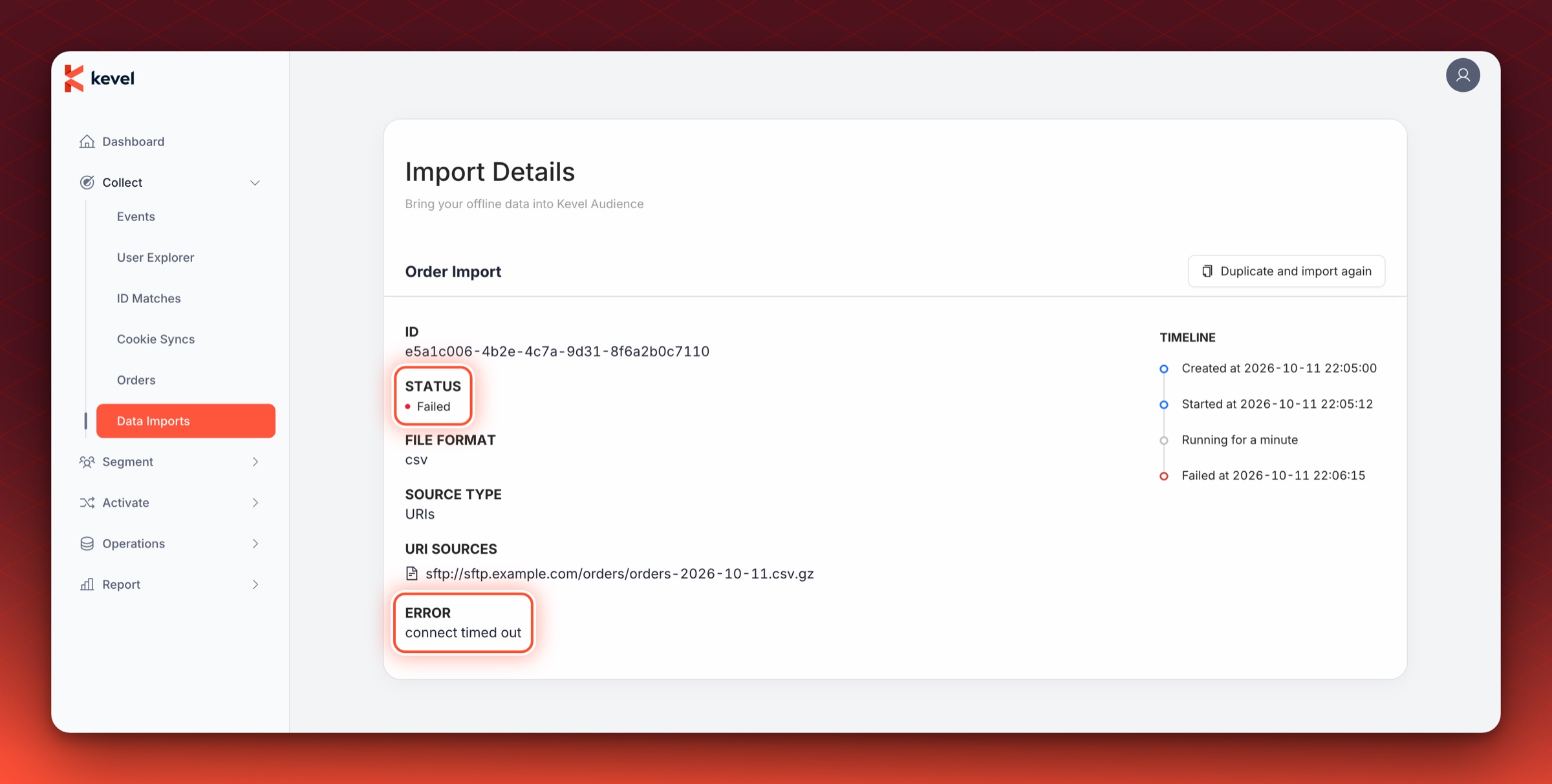 The details page of a failed SFTP import with the Failed status and the Error message circled