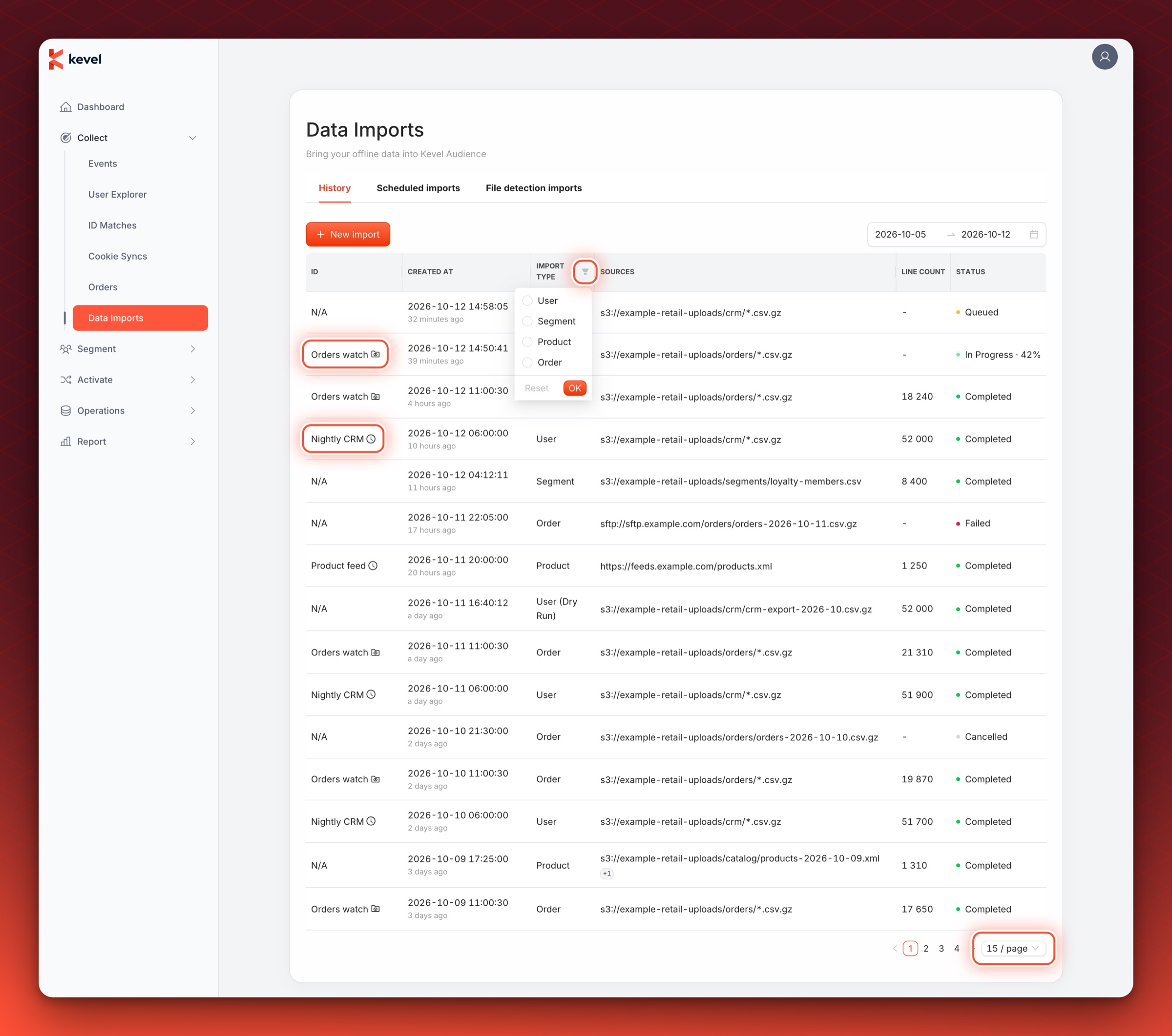 The History tab of Data Imports with the icons for a file detection import and a scheduled import, the open Import Type filter and the page size selector circled