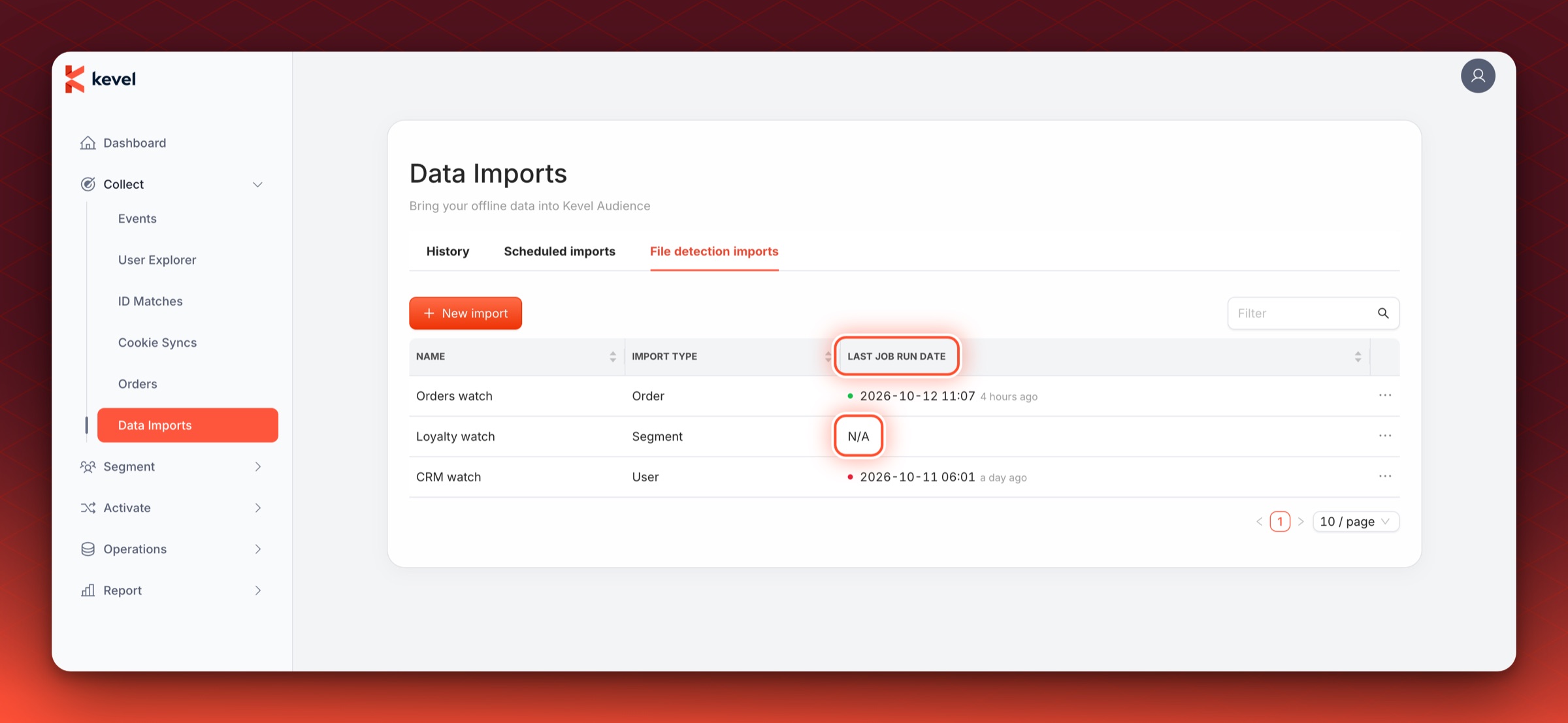 The File detection imports tab with the Last job run date column and an N/A for an import that has not run circled