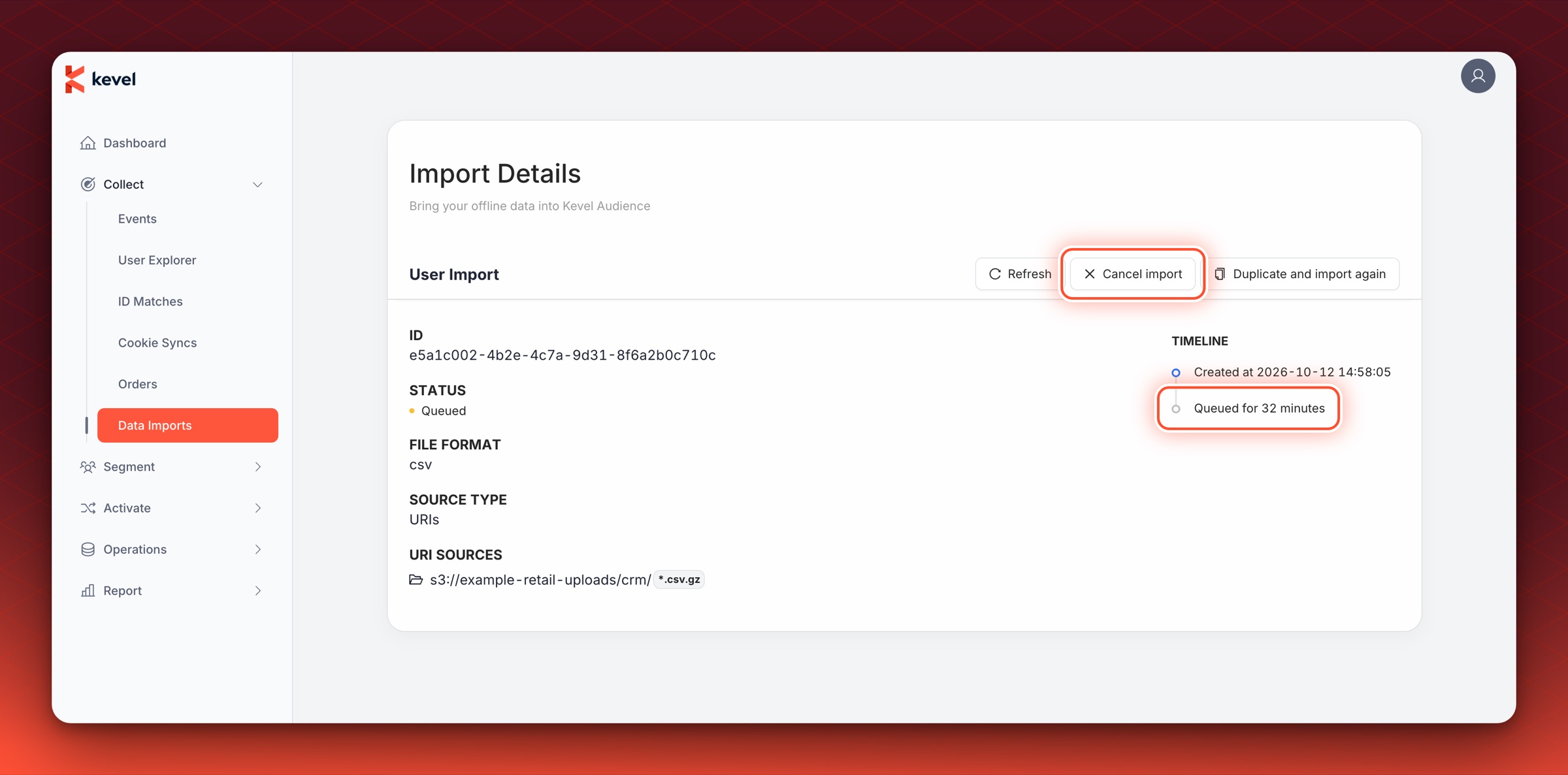 The details page of a queued import with Queued for 32 minutes circled in the Timeline and the Cancel import button circled
