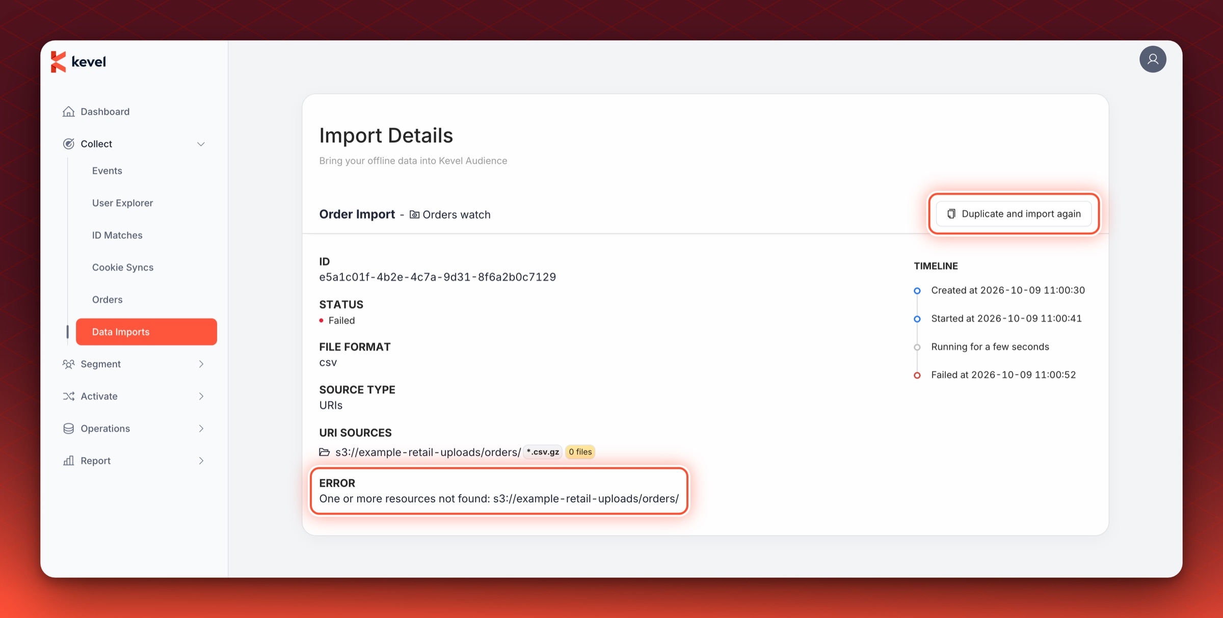 The details page of a failed import with the One or more resources not found error and the Duplicate and import again button circled