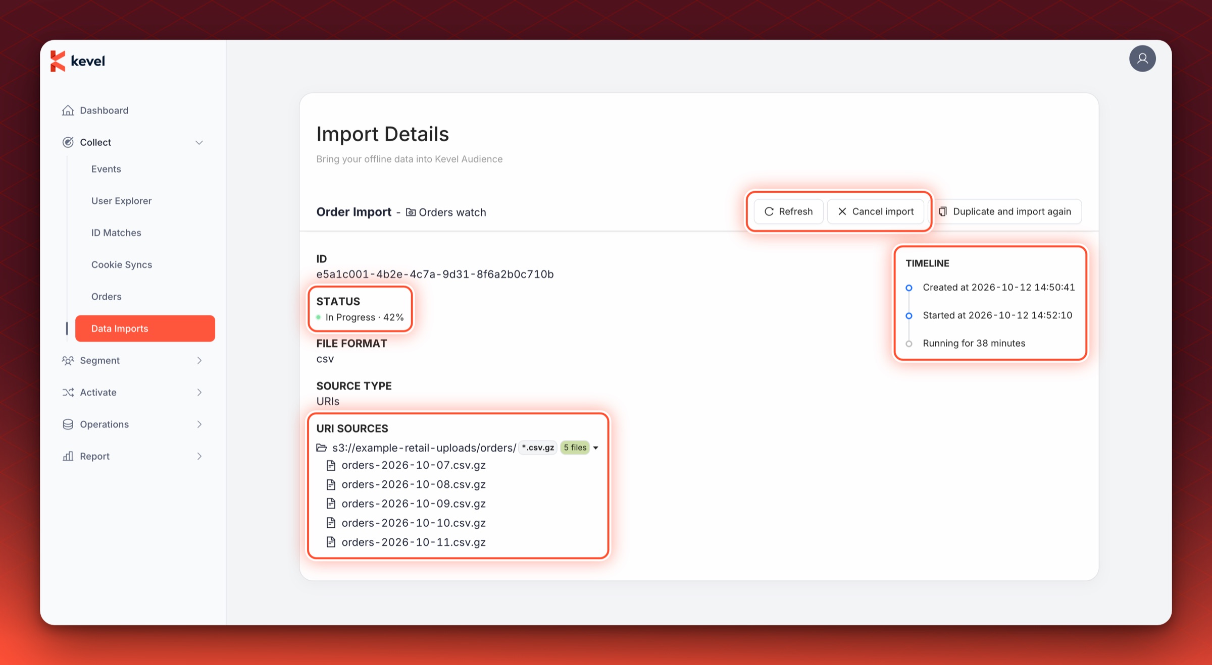 The details page of a running folder import with the In Progress status, the Refresh and Cancel import buttons, the expanded list of files and the Timeline circled