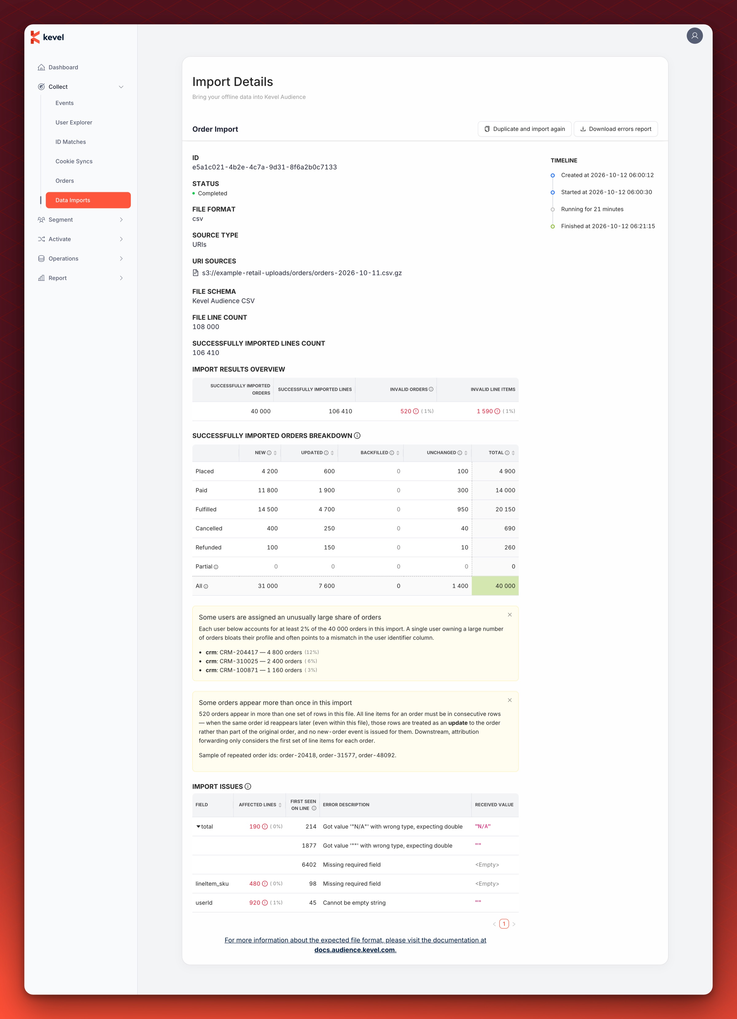 The details page of a completed order import with two warning banners and an expanded row in the Import issues table