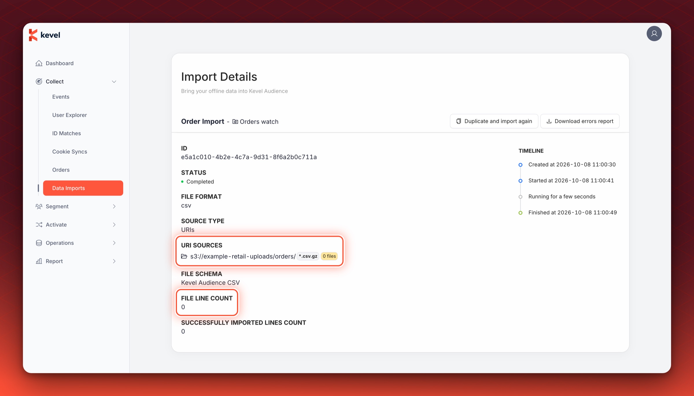 The details page of a completed folder import with the folder source showing 0 files and the file line count of 0 circled