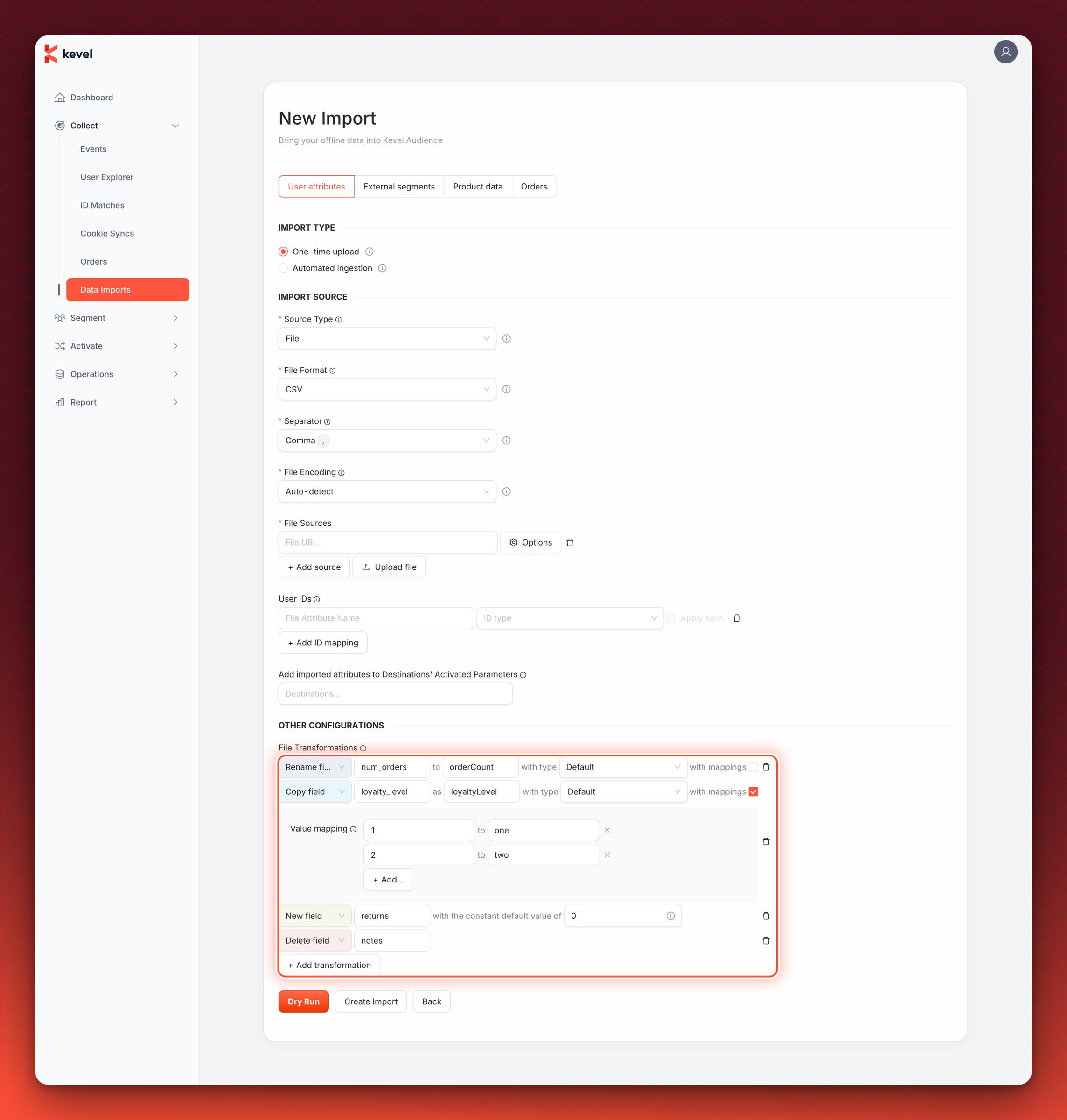 The File Transformations list with a rename, a copy with a value mapping, a new field and a delete field circled
