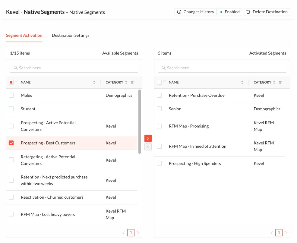 Kevel Native Segments destination editing