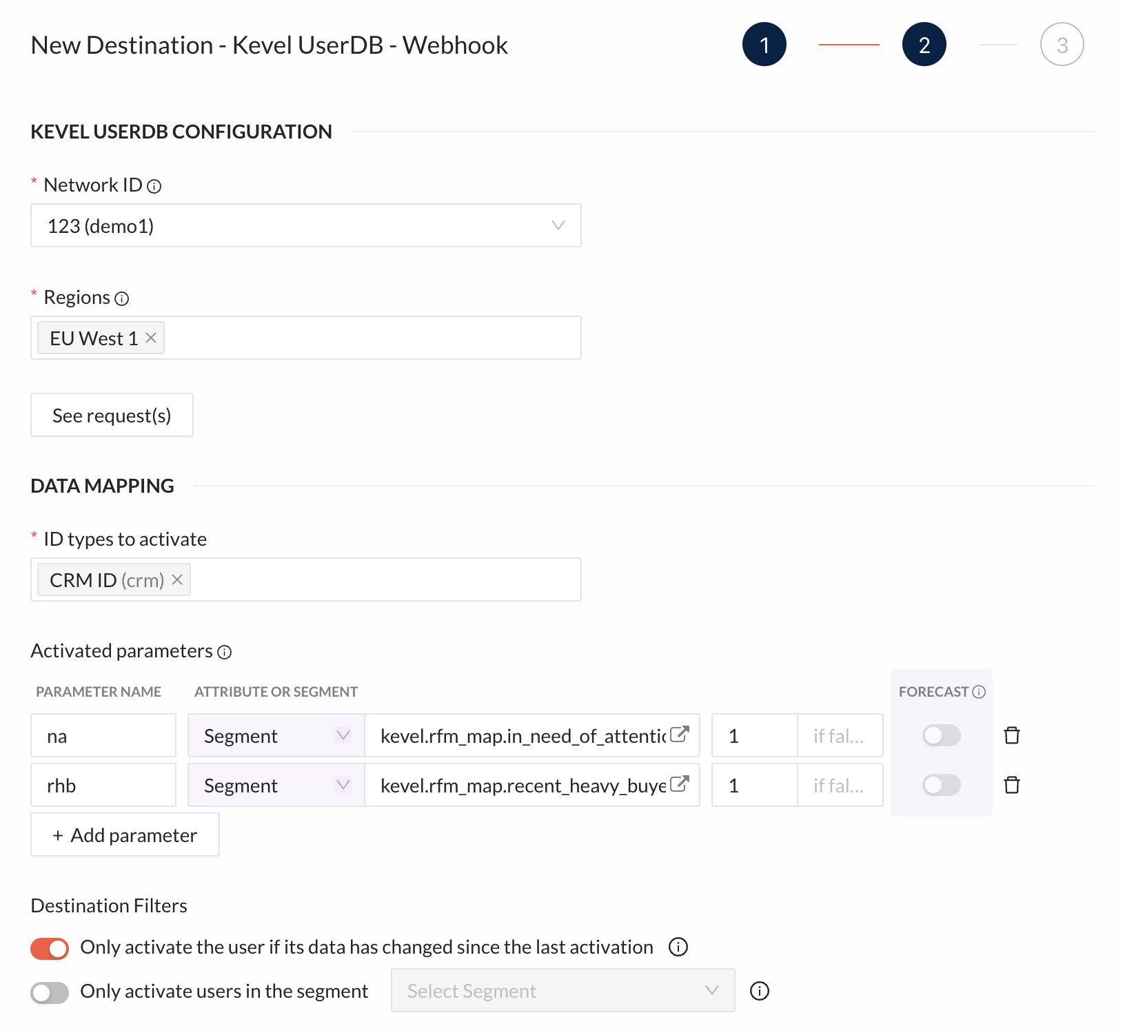 Kevel UserDB destination creation